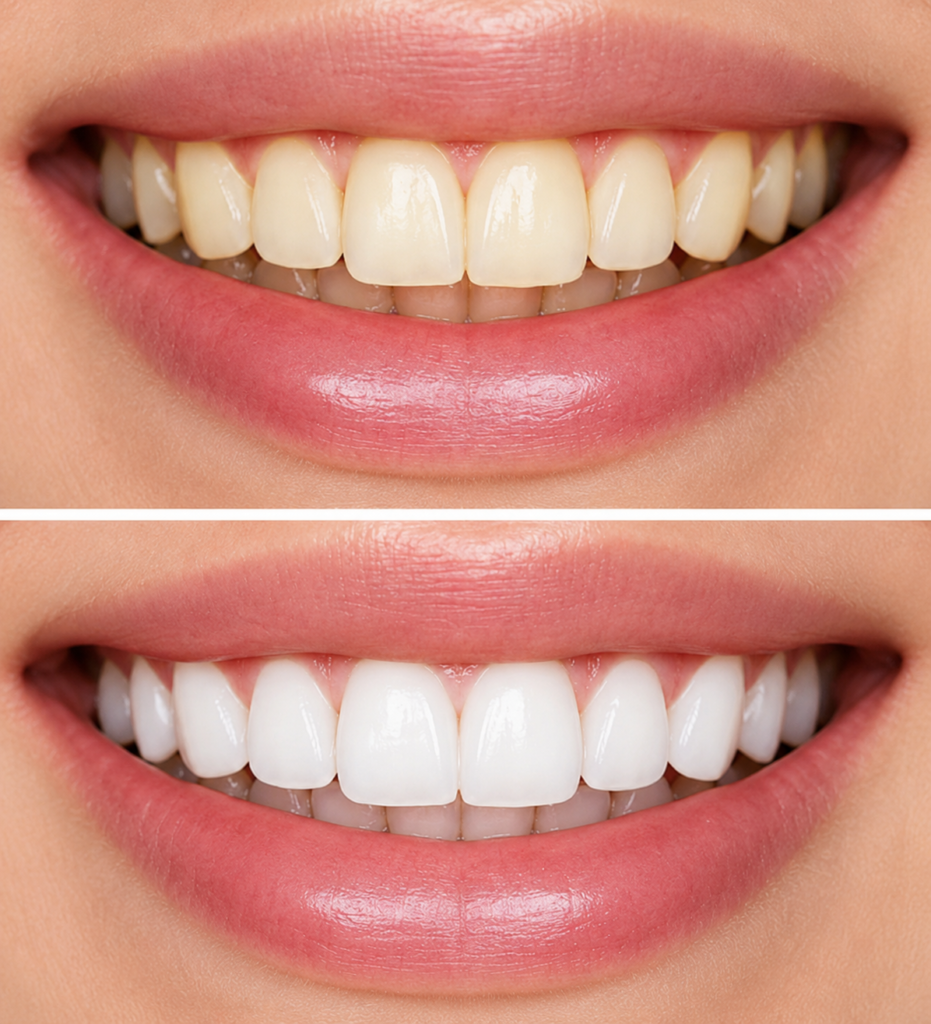 Blanchiment dentaire avant après à Tanger avec amélioration visible de la teinte des dents après traitement professionnel chez Divina Dental Center