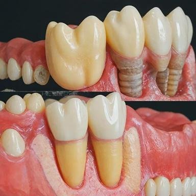 Illustration comparative entre implants dentaires et dents naturelles utilisée pour expliquer les solutions de remplacement dentaire en implantologie.