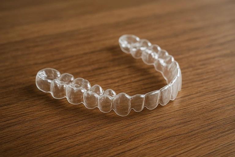 Aligneur transparent Invisalign posé sur une surface en bois, utilisé pour l’orthodontie invisible et l’alignement discret des dents à Tanger.