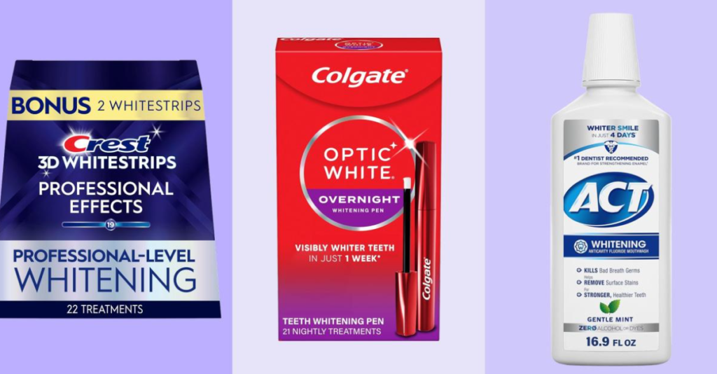 Produits de blanchiment dentaire comprenant bandes blanchissantes, stylo blanchissant et bain de bouche éclaircissant, utilisés pour améliorer progressivement la blancheur des dents à domicile.