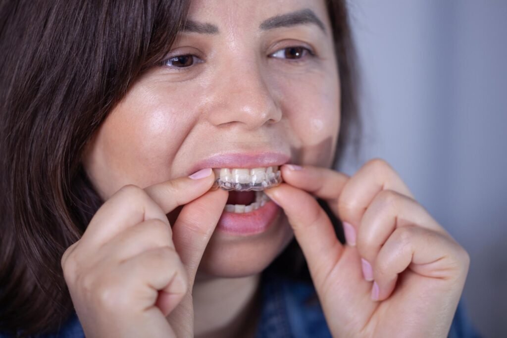 Patiente adulte mettant en place des gouttières transparentes d’alignement, solution d’appareil dentaire adulte discrète pour corriger progressivement l’alignement des dents.