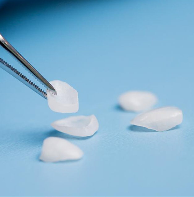 Facettes dentaires en céramique manipulées avec une pince de précision avant leur pose pour une restauration esthétique du sourire.