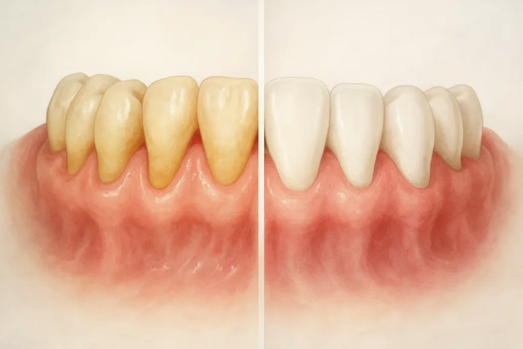 Illustration avant/après montrant des dents jaunies à gauche et blanchies à droite.