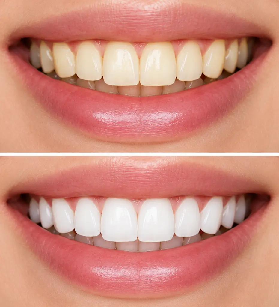 Blanchiment dentaire avant après à Tanger avec amélioration visible de la teinte des dents après traitement professionnel chez Divina Dental Center