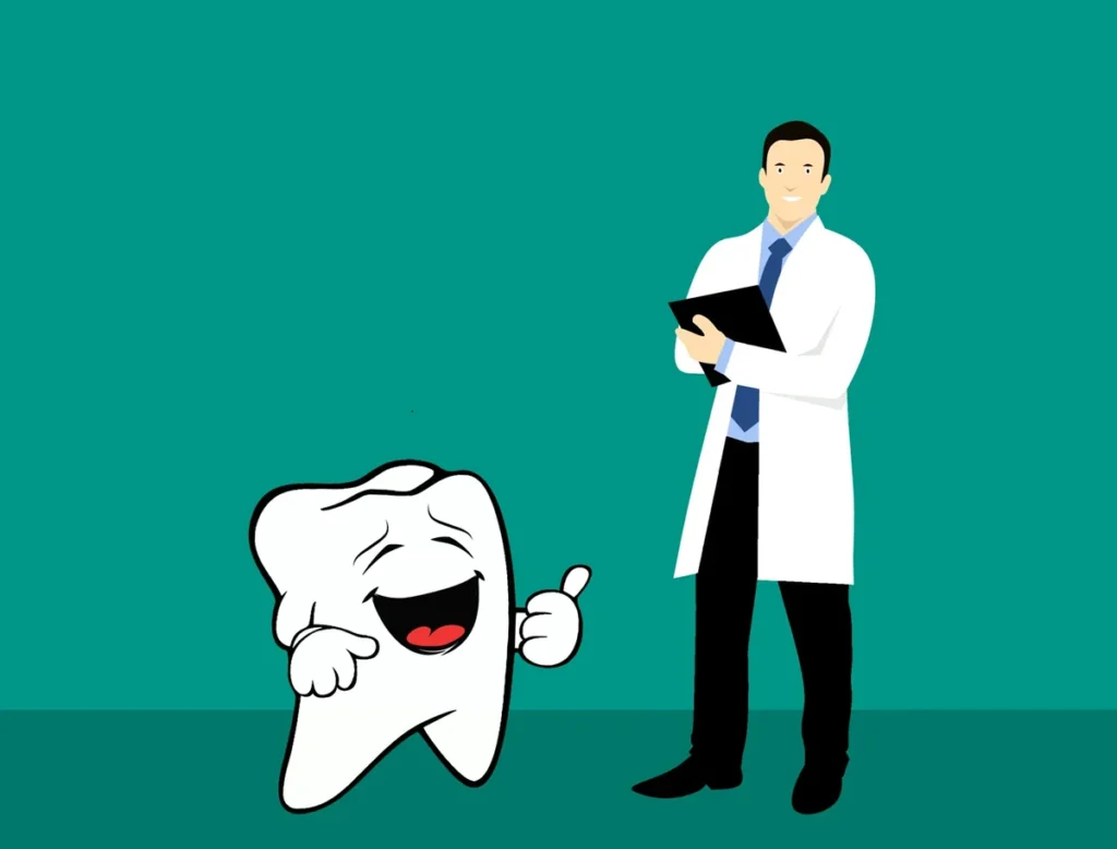 Illustration d'un dentiste avec une dent souriante symbolisant les soins dentaires